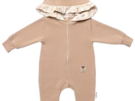Baby Nellys Teplákový overal s kapucňou a volánikom, New Bunny - cappuccino